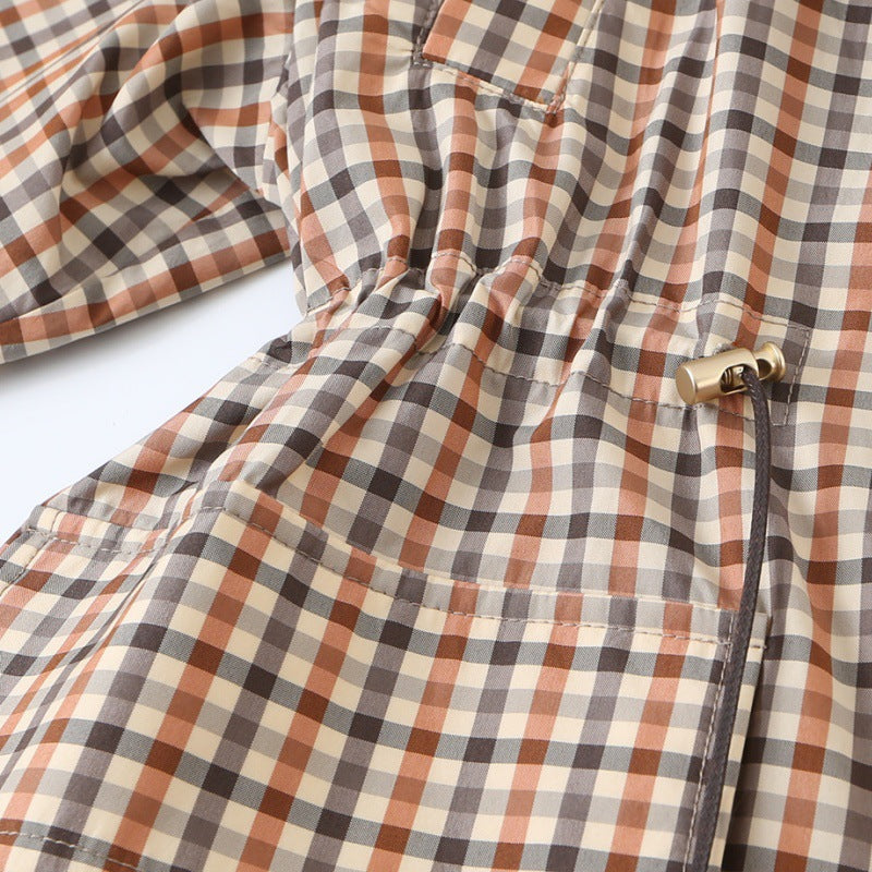Womens Autumn Turn-down Collar Plaid Drawstring-waist Trench Coat