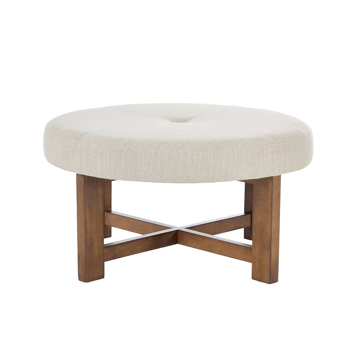 Beige Fabric Round Ottoman with Solid Wood Cross Base