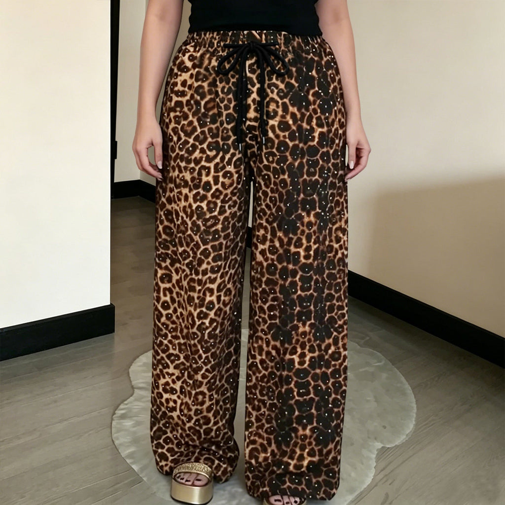 C7768 Cross-border 2026 New Women's Fashion Rhinestone Drawstring Loose Wide-Leg Pants Vintage Animal Print Casual Trousers