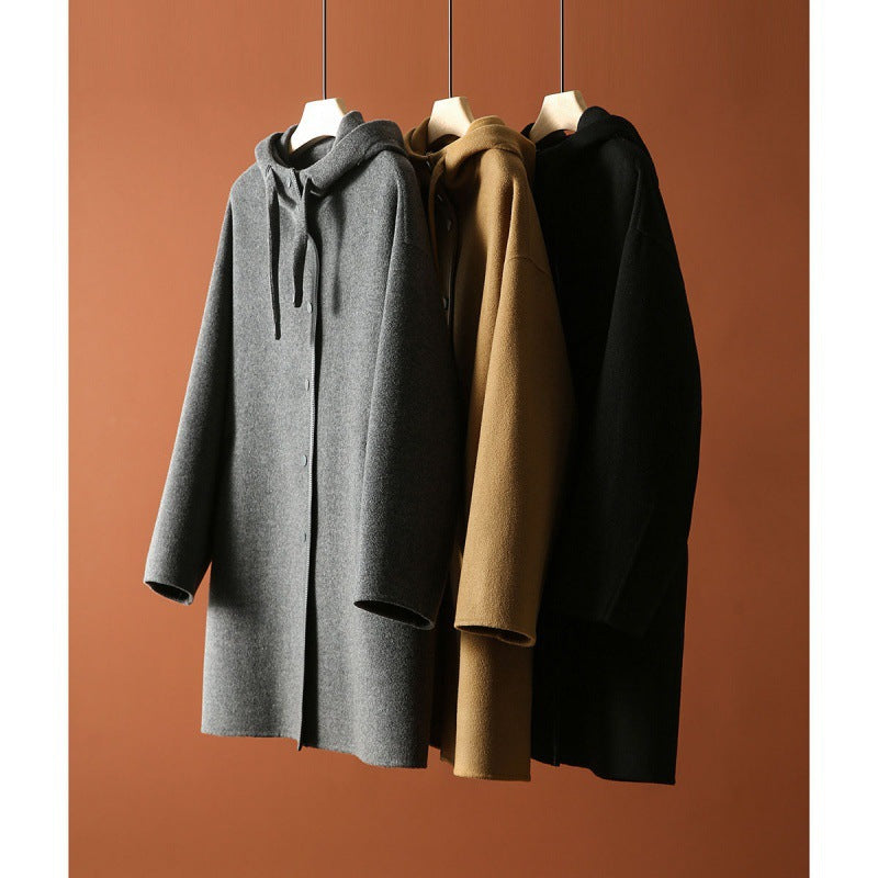 Versatile Hooded Patchwork Long-sleeve Wool Coat