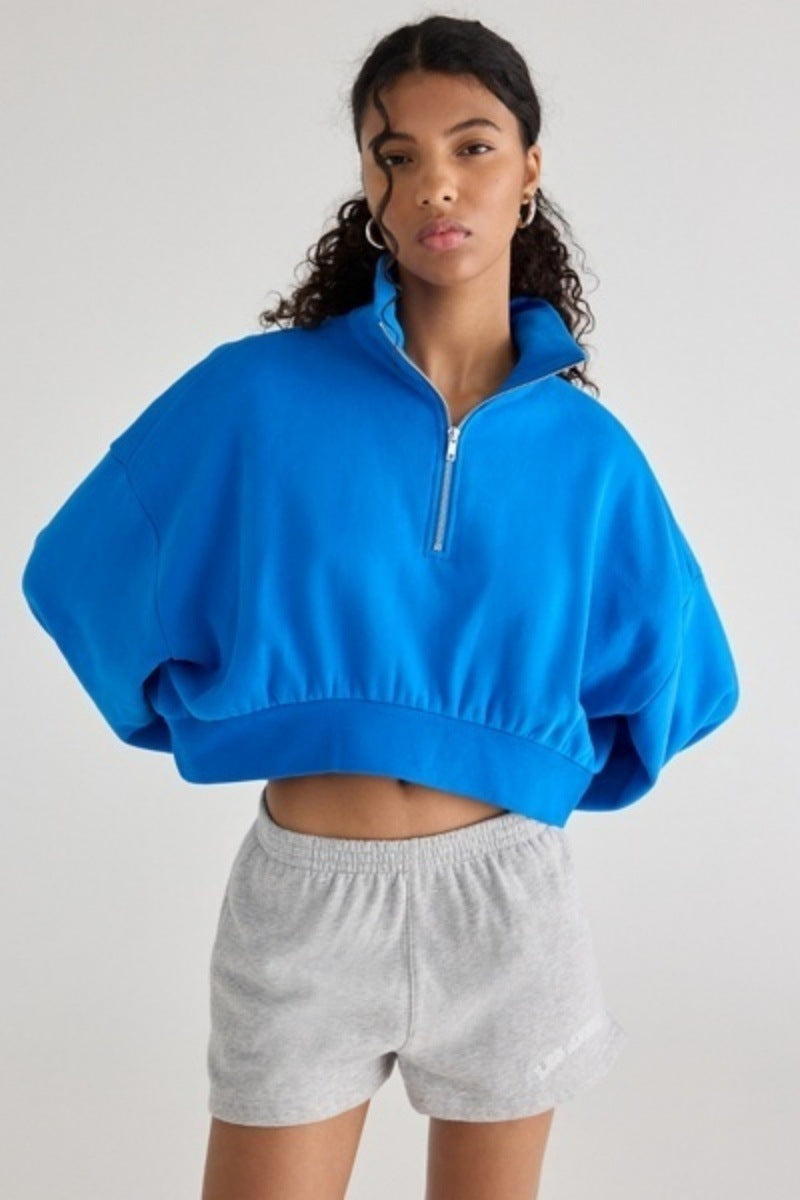 Women's Half-Zip Lapel Sweatshirt - Loose Fit Puff Sleeve Short Pullover Top Casual European Style