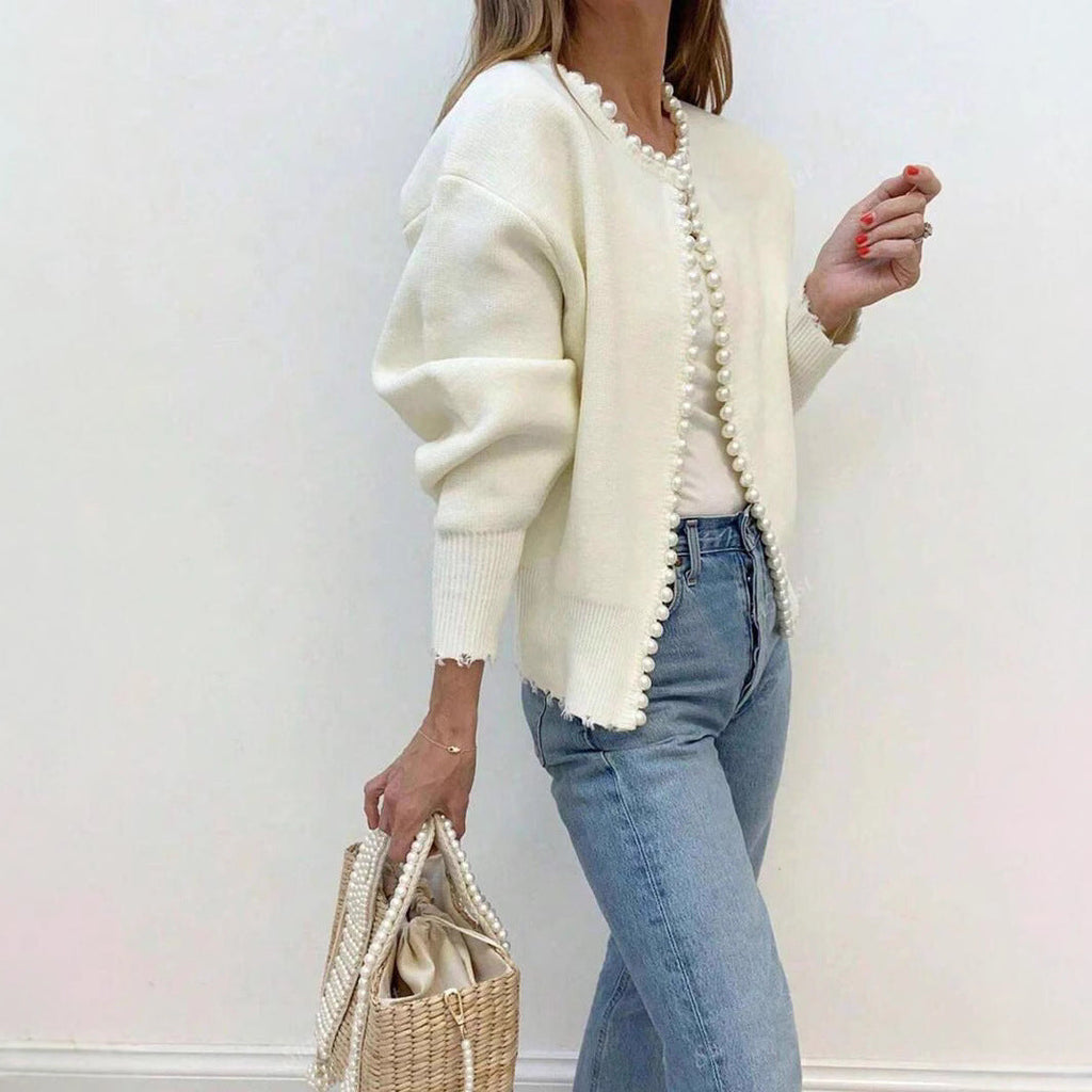 Cross-border European And American 2026 Round Neck Pearl Trim Knit Sweater Short Long Sleeve Heavy Craft Cardigan Fashion Coat For Women