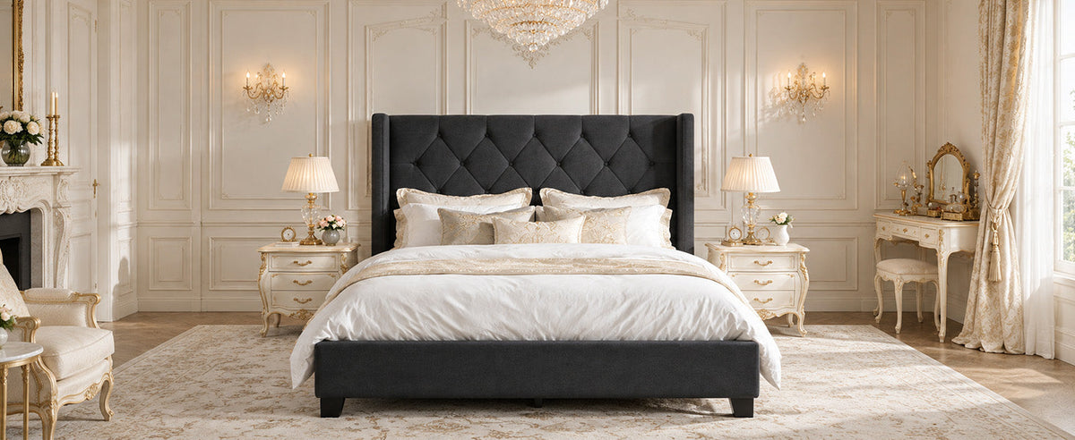 Modern Queen Size Platform Bed Frame with Tufted Velvet Headboard