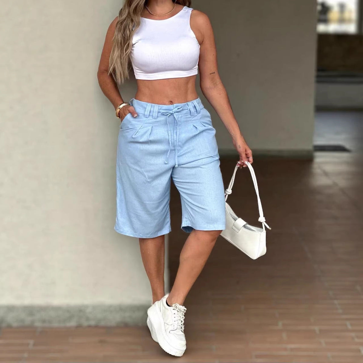 Womens Fashionable Casual Solid-Color Drawstring Shorts