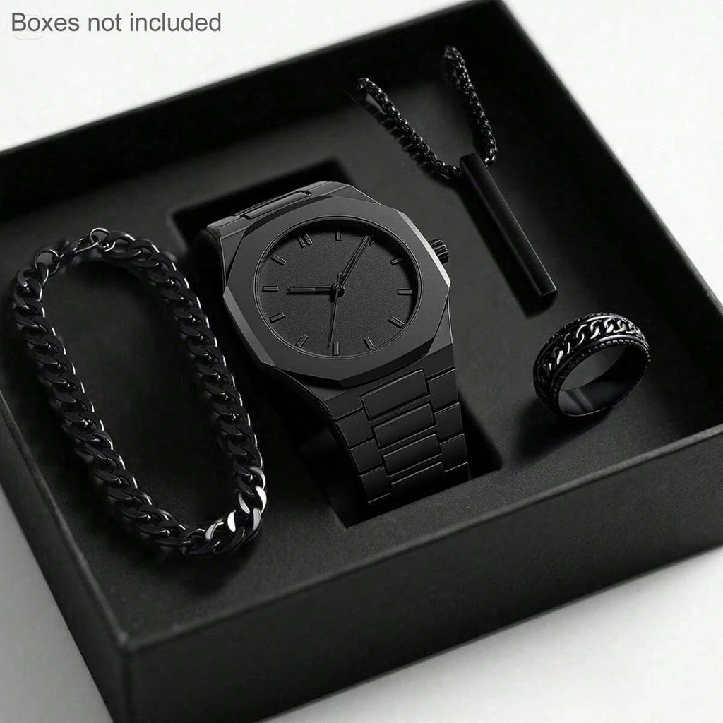 Mens Quartz Watch Necklace Bracelet Set