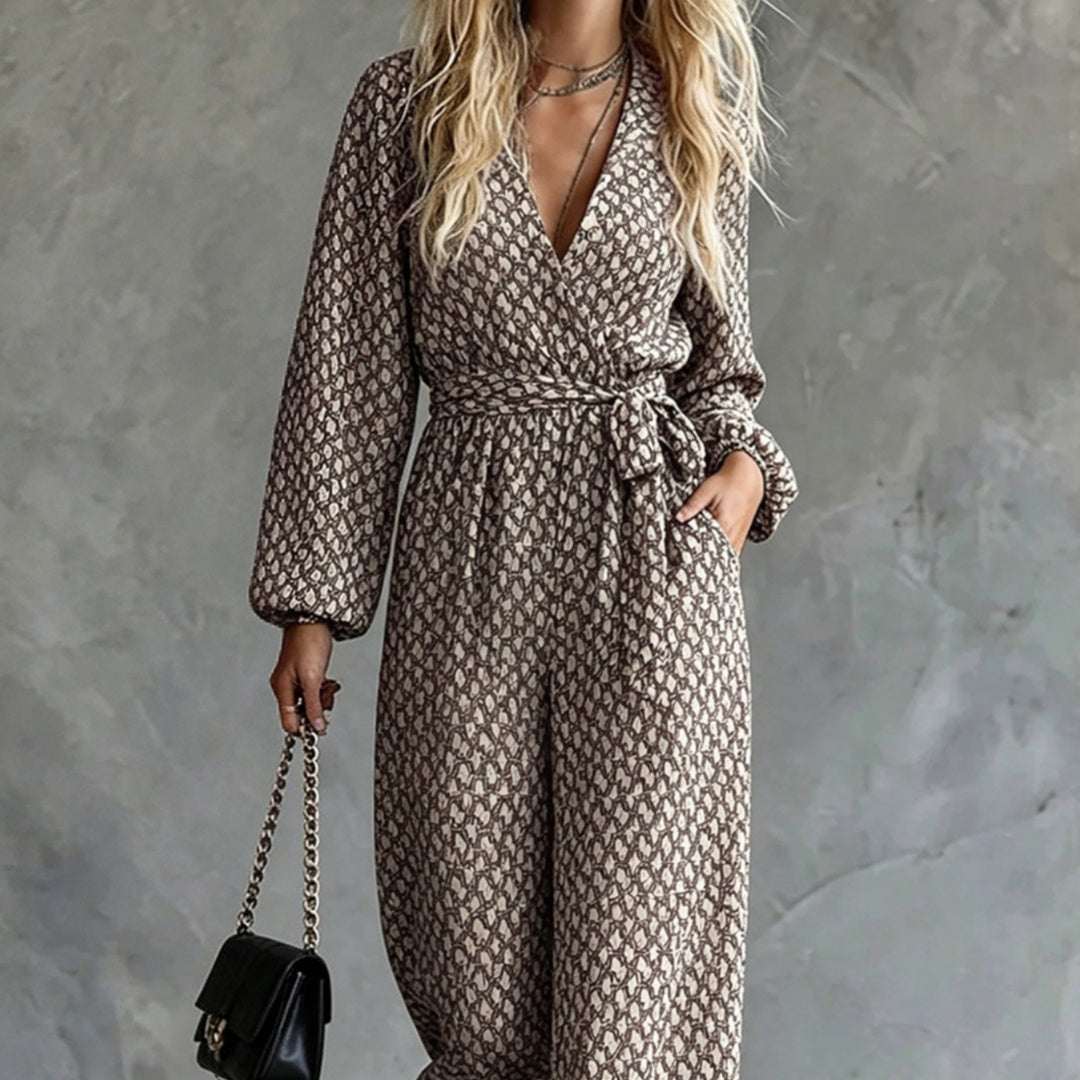 Womens Casual Belted V-neck One-piece Jumpsuit With A Fitted Waist