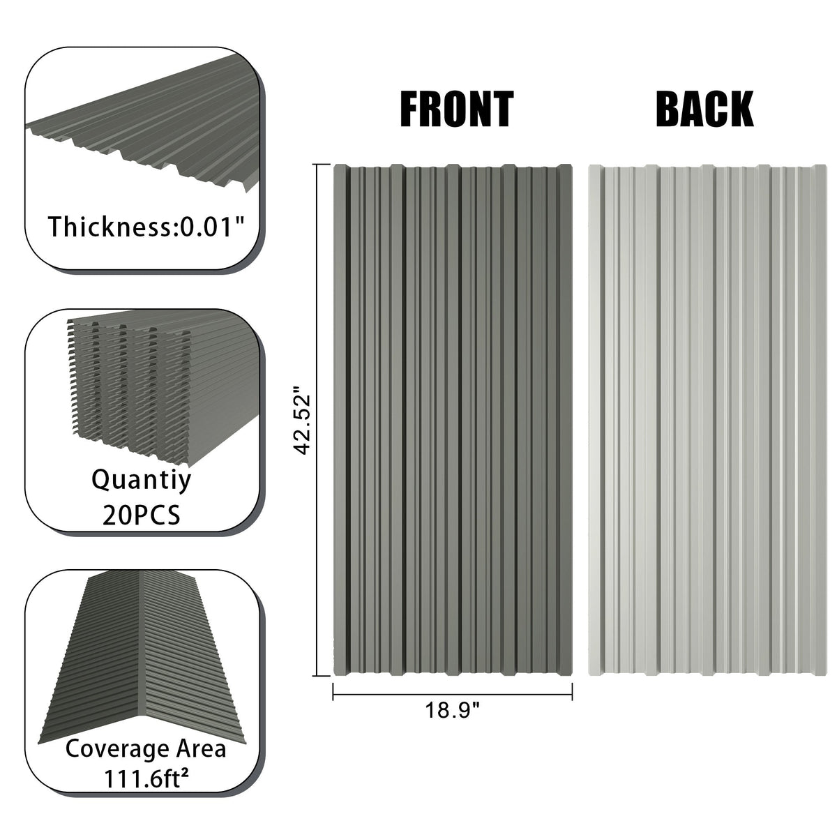 20 Pcs Corrugated Galvanized Metal Roofing Panels