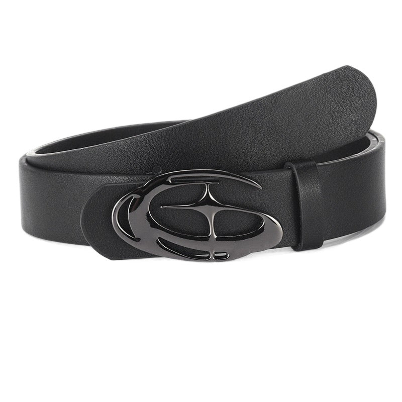 Niche Designerinspired Hollowedout Irregularshaped Buckle Womens Slim Leather Belt