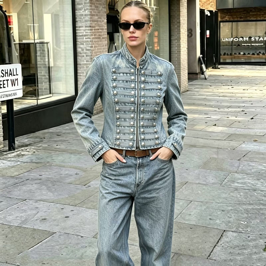 Womens Distressed Vintage Buttoned Denim Jacket