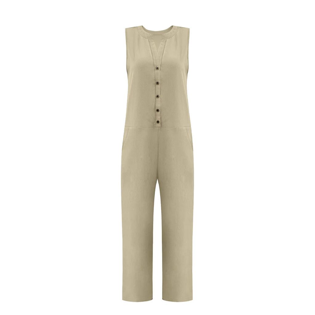 EBay Amazon European And American Cross-border Spring-summer Solid Color Wide-leg Jumpsuit Casual Loose V-neck Buttoned Jumpsuit For Women