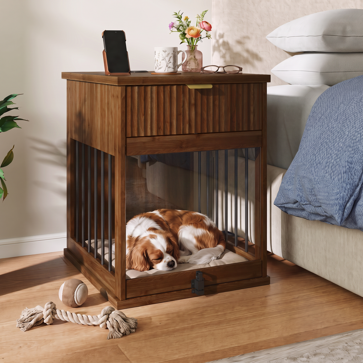 Dog Crate End Table with Charging Station