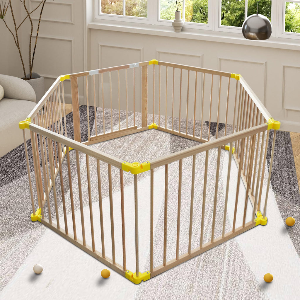 Large Natural Wooden Baby Playpen with Gate & Anti-Slip Bases - Portable Fence & Play Area for Babies and Toddlers 6 Panels Adjustable Shape Height 27.6