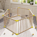 Large Natural Wooden Baby Playpen with Gate & Anti-Slip Bases - Portable Fence & Play Area for Babies and Toddlers 6 Panels Adjustable Shape Height 27.6