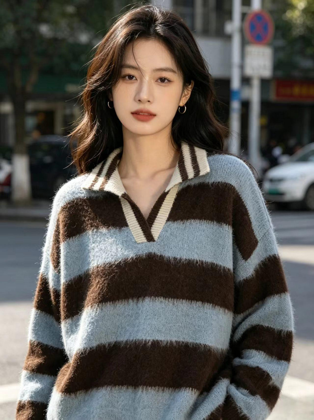 Retro Color-Block Striped Off-Shoulder Pullover Sweater For Women New AutumnWinter Top With Lapel Collar
