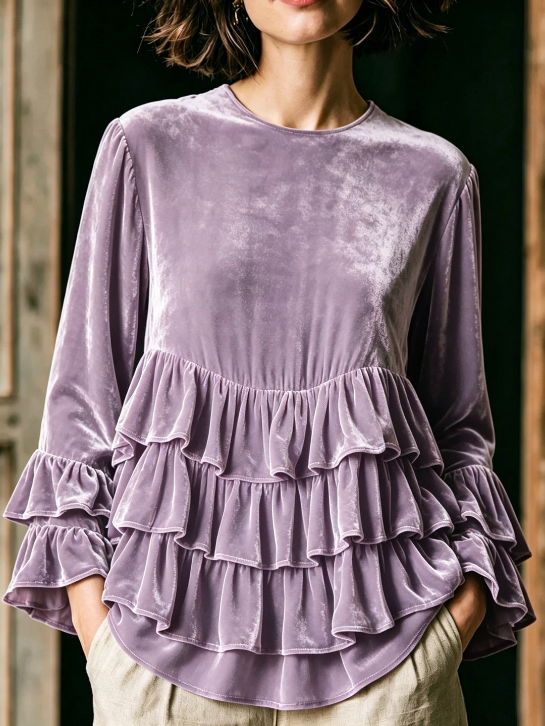 Womens Long-Sleeve Solid-Color Crew-Neck Ruffle-Trim Casual Loose-Fit Top