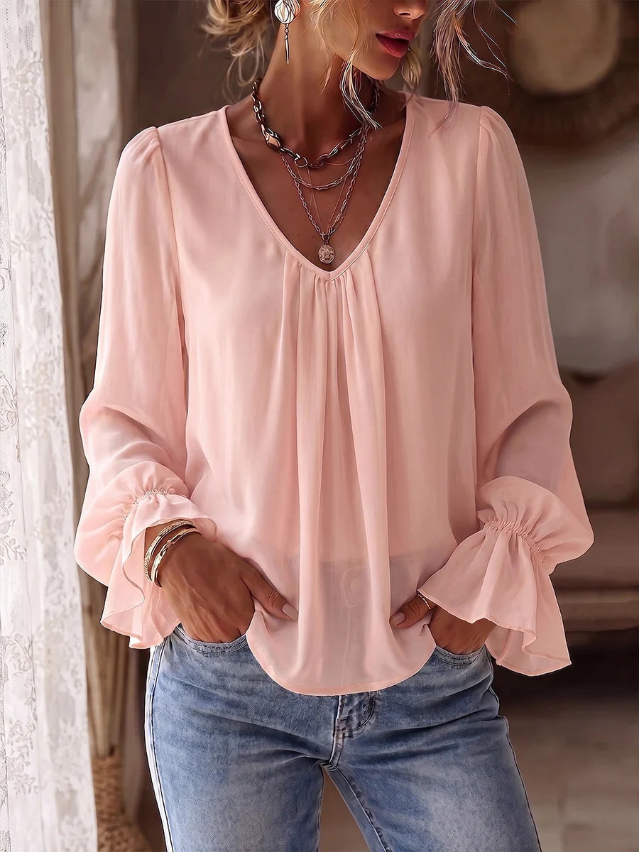 European And American Cross-border Amazon New V-neck Pleated Elegant Loose Casual Solid Color Long-sleeve Women's Shirt