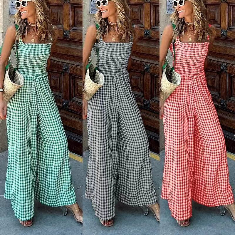 Cross-Border Independent Station Amazon 2022 Summer Elegant Women's Pants Plaid Jumpsuit Mid-Waist Casual Pants
