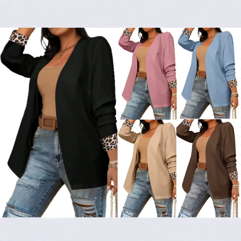 Womens Leopard-Print Patchwork Long-Sleeve Blazer