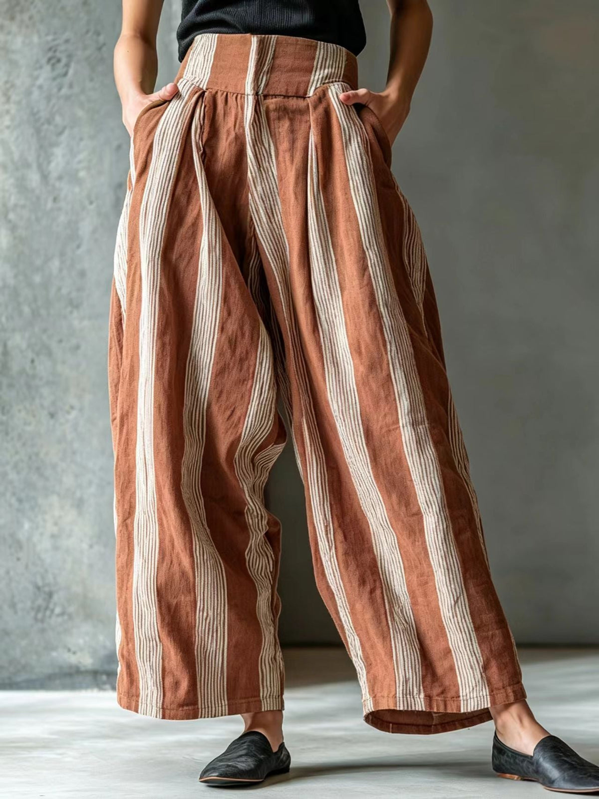 Autumn New European And American Cross-Border Women's Loose Casual Vacation Style Linen Striped Wide-Leg Pants With A High-End Feel