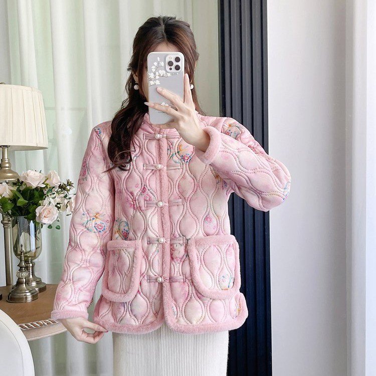 Womens Retro Frog-Button Floral Velvet-Lined Warm Cotton Padded Coat