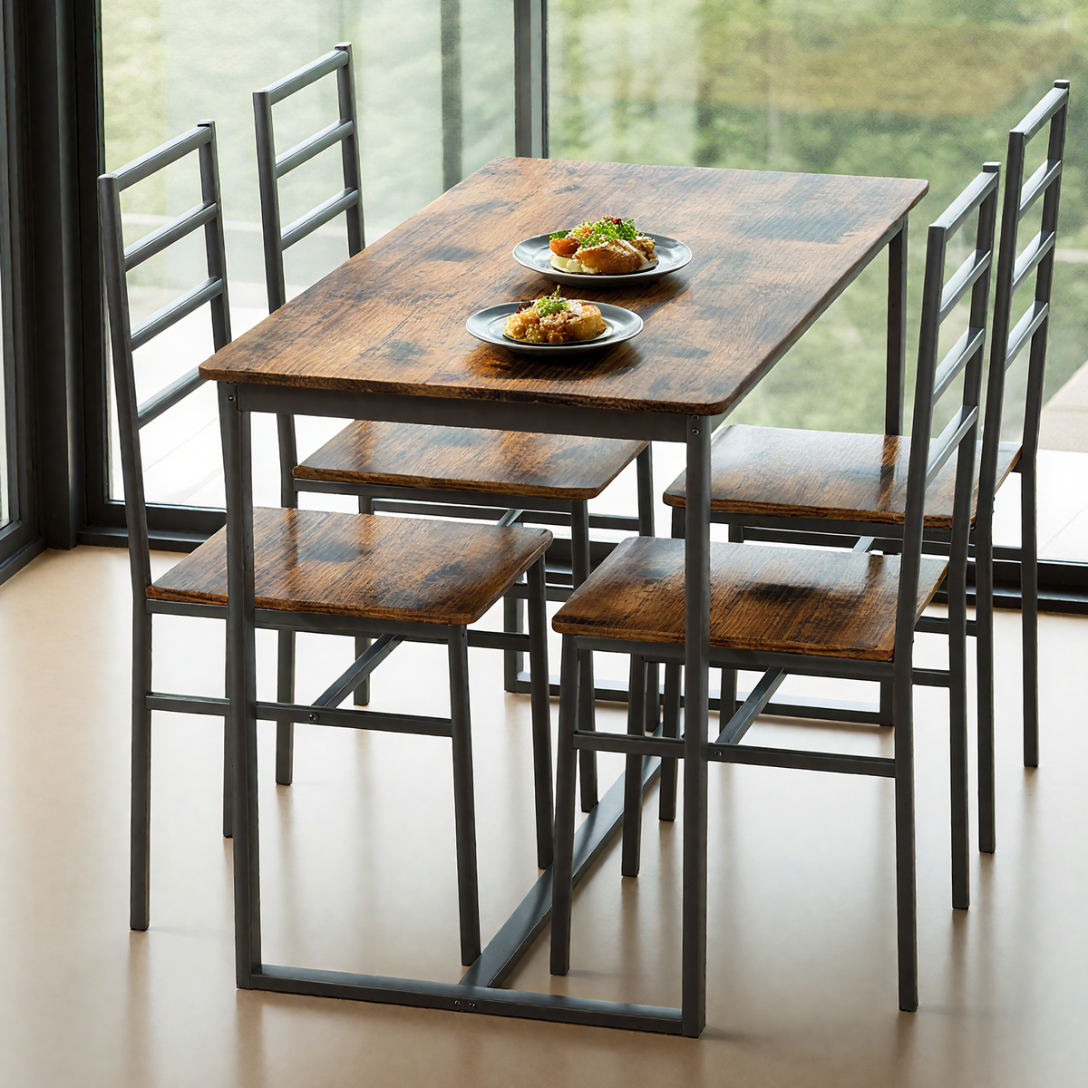 5 Piece Metal and Wood Indoor Modern Dining Table Set for 4