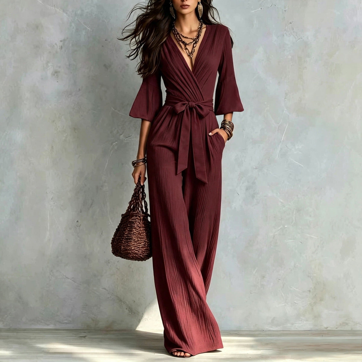 Deep V-neck Jumpsuit With Bubble Sleeves And Wide-leg Pants
