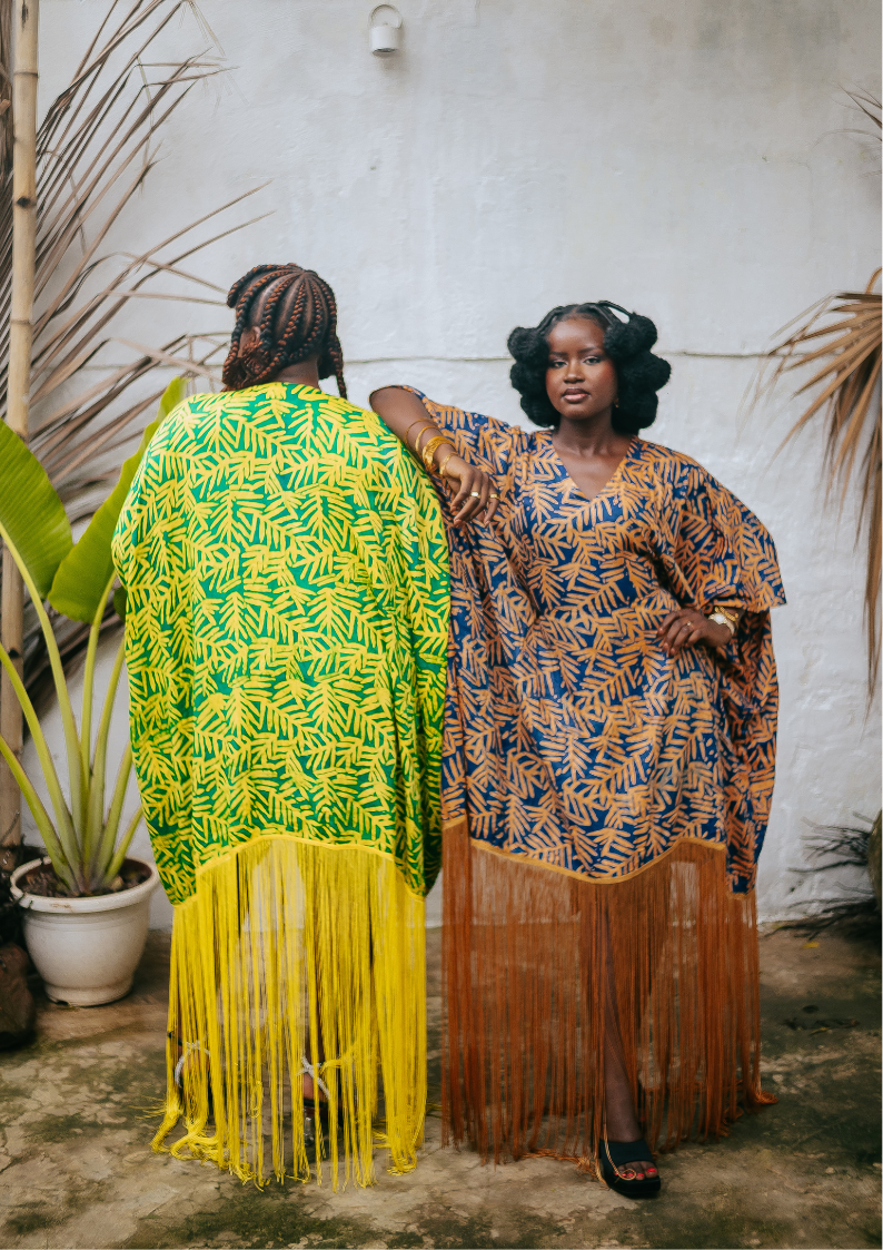 Palm Green Yellow Fringe Kaftan Dress