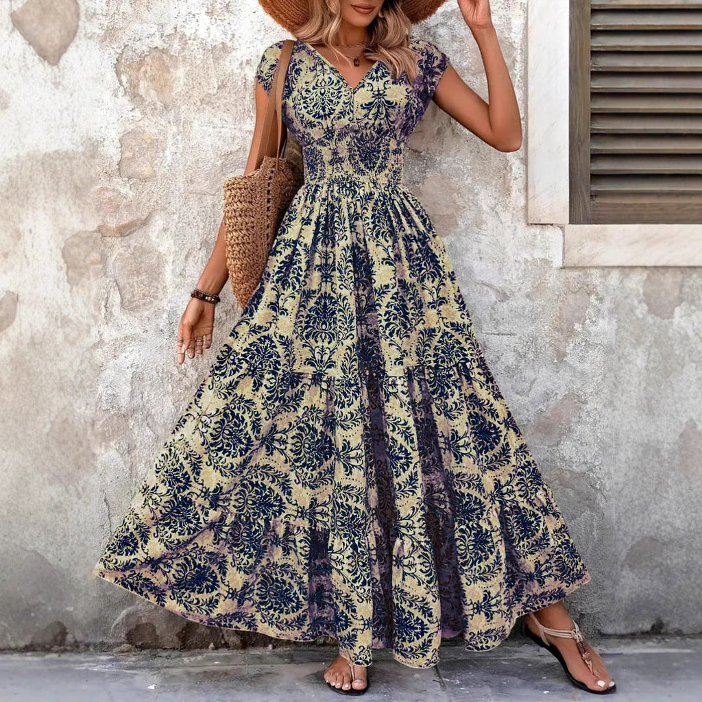 2026 Amazon Cross-Border Export Retro Printed Dress Fashionable And Elegant V Neck Short-Sleeved Dress Women's Dress