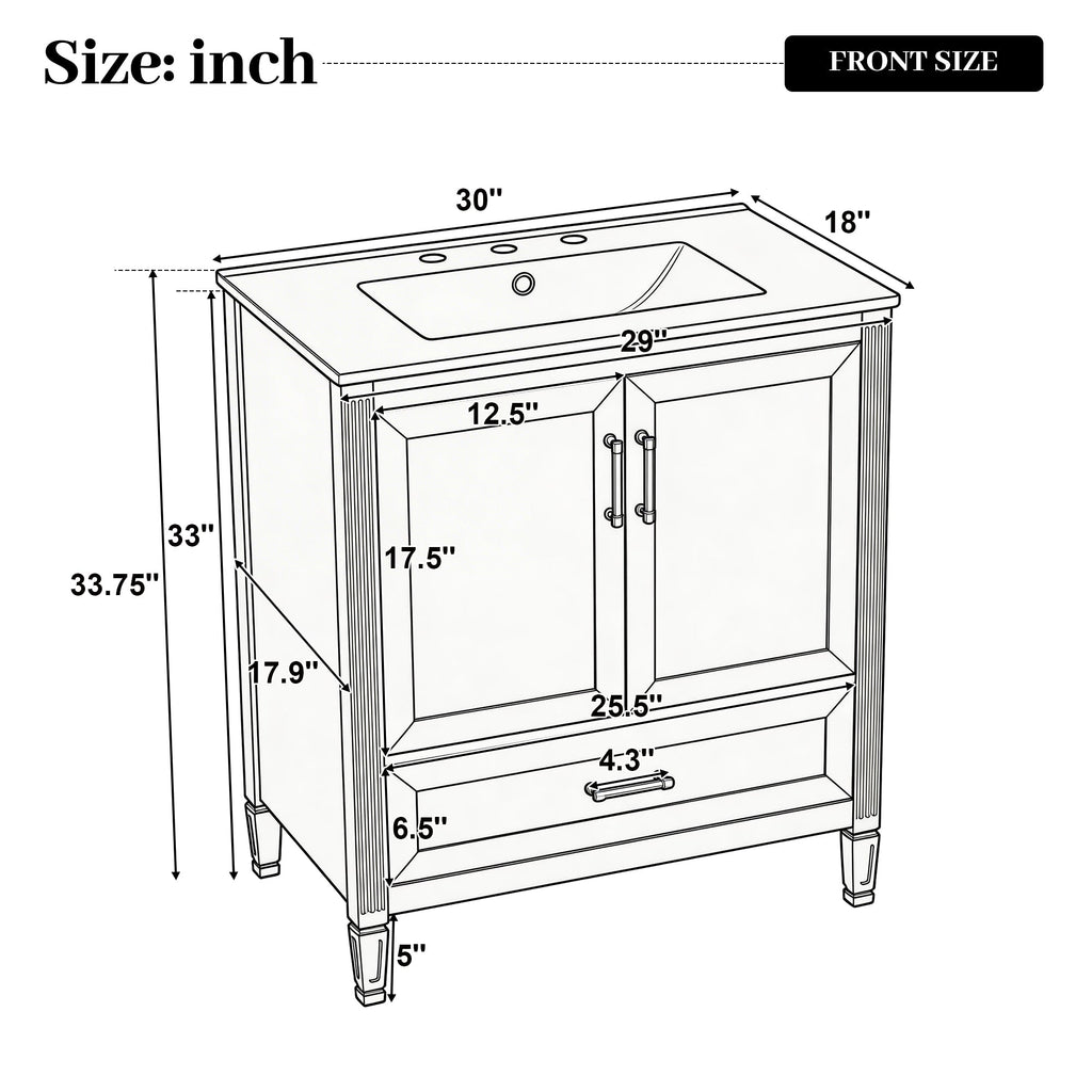 30" Elegant Fluted Bathroom Vanity with Ceramic Sink