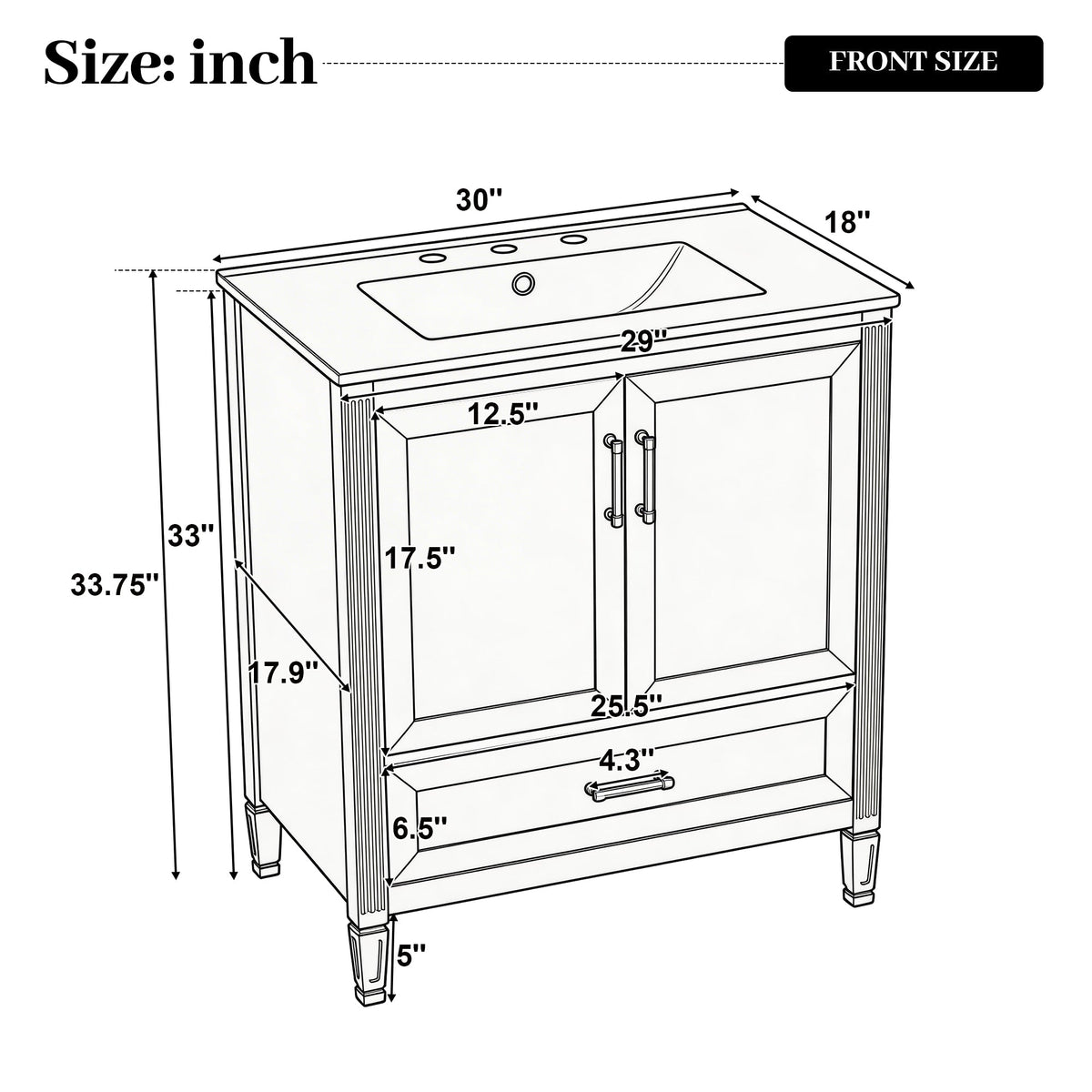 30" Elegant Fluted Bathroom Vanity with Ceramic Sink