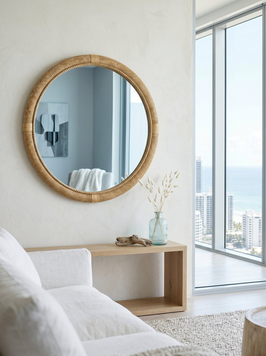 31.9" Woven Rattan Decorative Round Mirror with Wrapped Accents