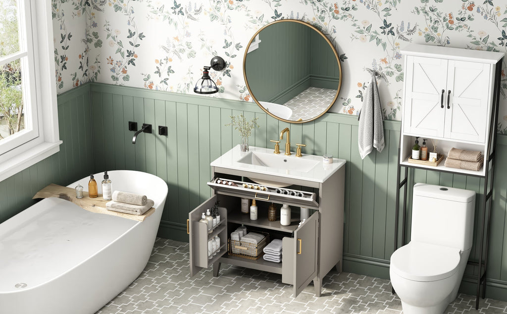 30" Bathroom Vanity with Ceramic Sink Top, Solid Wood Legs