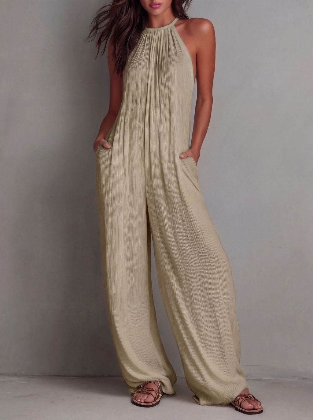 Cross-Border Foreign Trade Women's Clothing European And American Style Halter Neck Sleeveless Vacation Style White Pleated Backless Wide-Leg Jumpsuit