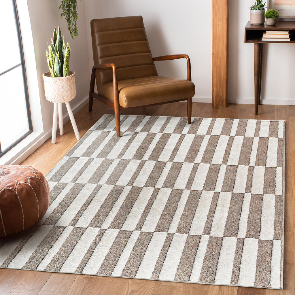 Step Collection High-Low Striped Beige/Cream Indoor Area Rug
