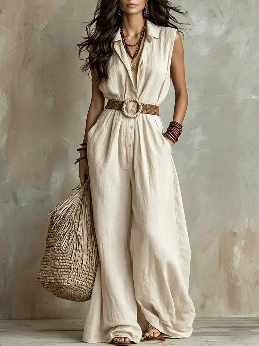 European And American Women's Fashion Cross-border Summer New Loose V-neck Sleeveless Solid Color Casual Elegant Buttoned Women's Jumpsuit