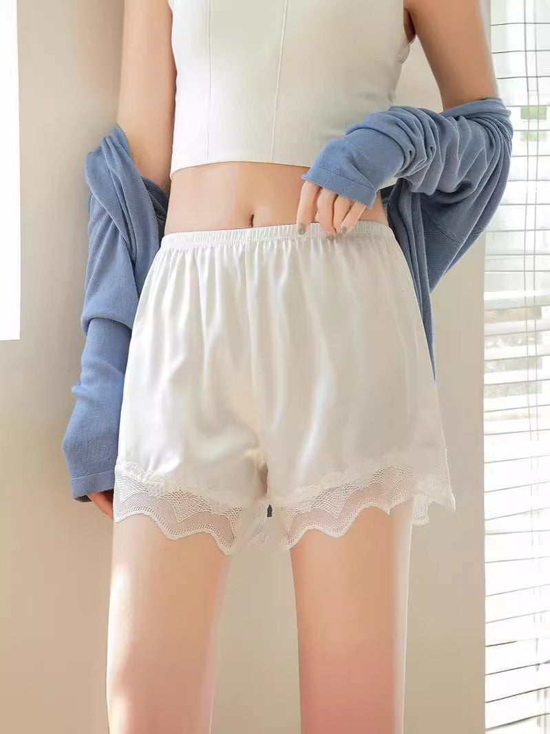 Lace Anti-Exposure Three-Part Home Shorts, Can Be Worn Outside, No Rolling, Thin Summer Safe Sleep Shorts With Lace For Women-white