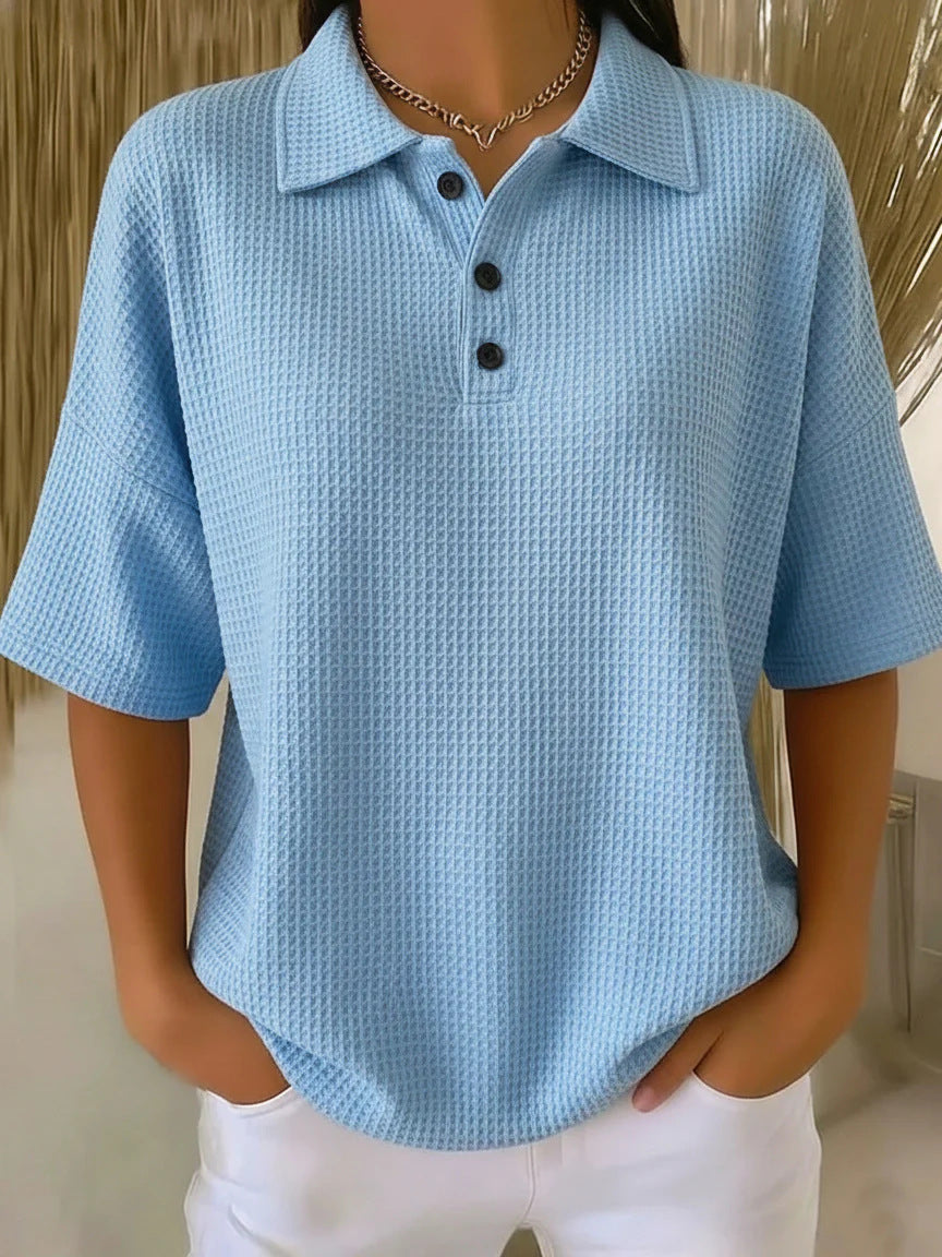 Cross-Border  Foreign Trade Fashion Waffle Short-Sleeved T-Shirt Solid Color Button T-Shirt Polo Collar Pullover Loose Top
