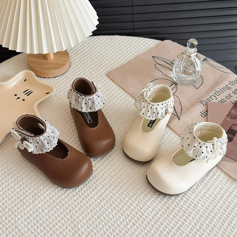 2026 Spring New Kids Princess Shoes, Lace Ruffle Pearl Decor Flats, Elegant Fashion Casual Single Shoes For Baby Girls