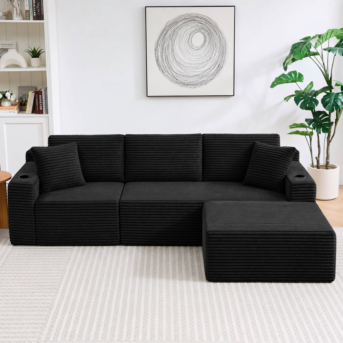 L-Shaped Sectional Sofa with Ottoman, Corduroy 3-Seat Couch for Living Room