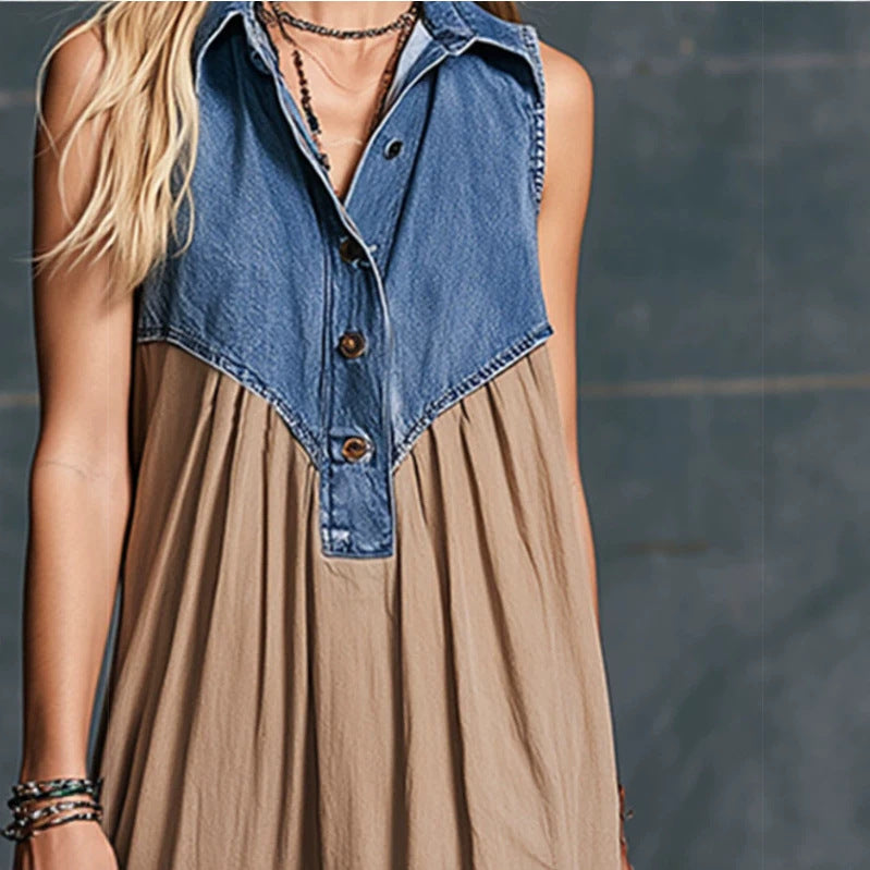 Fashionable Women's Blue Denim Patchwork Dress