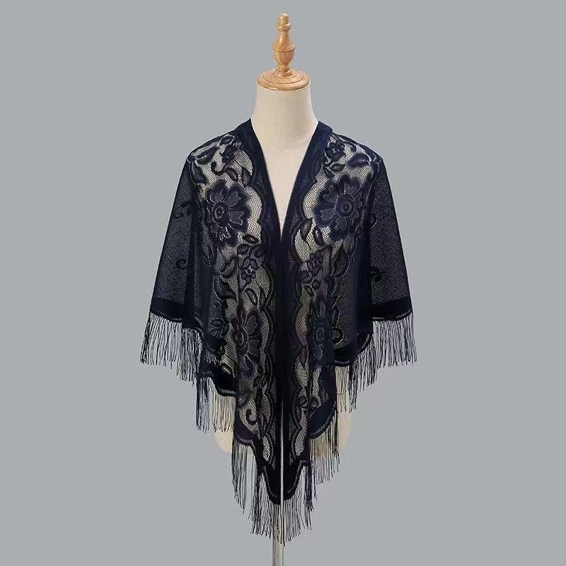 Womens Breathable Lace Triangle Shawl With Floral Design