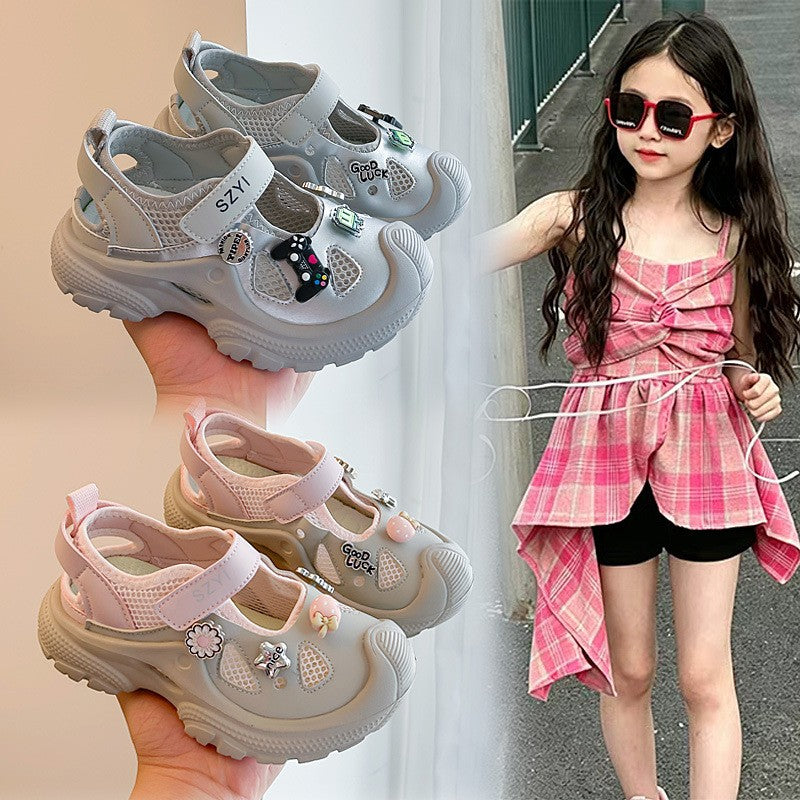 Trendy Brand Kids Mary Jane Sneakers, Hollow Out Heel Design, Hook-and-Loop Slip-On Breathable Mesh Shoes For Girls
