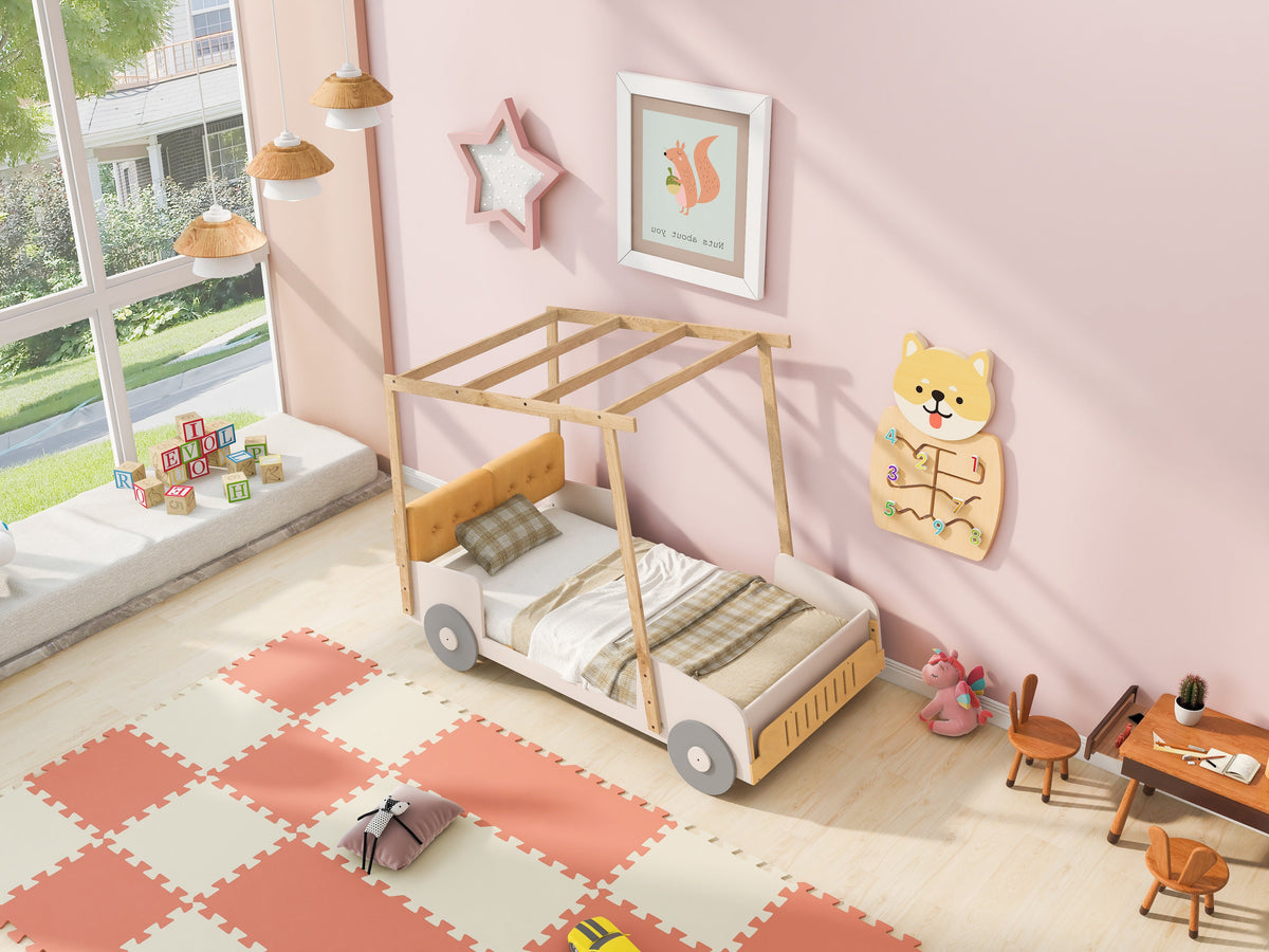 Wood Twin Size Car Bed with Pillow, Ceiling Cloth