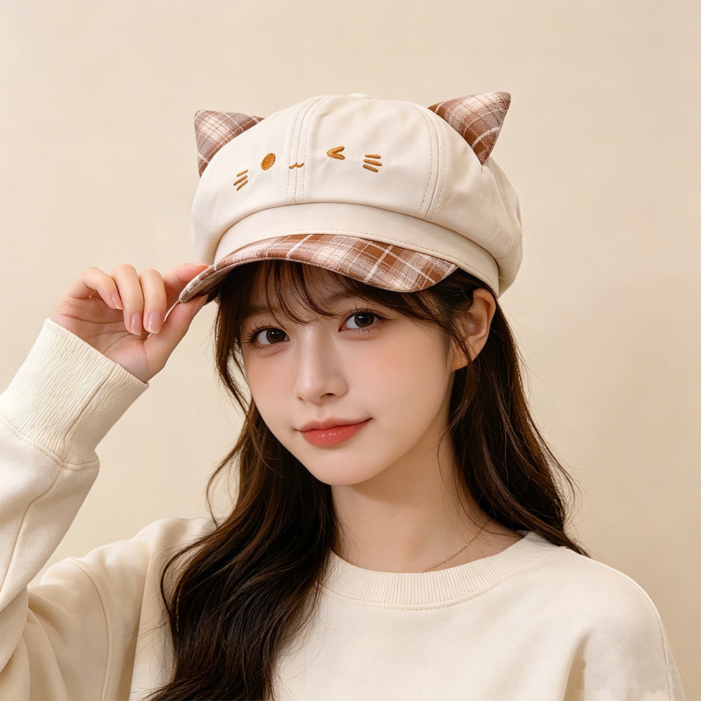 Korean-style Cute Cat-ear Patchwork Checkered Newsboy Hat For Autumn And Winter, Versatile And Suitable For All Occasions, Soft And Sweet Girl's Sweet Bloom Hat