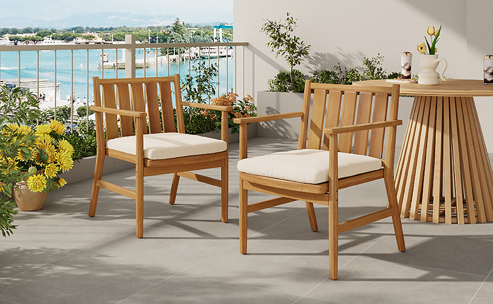2-Piece Outdoor Acacia Wood Arm Dining Chairs with Removable Cushions