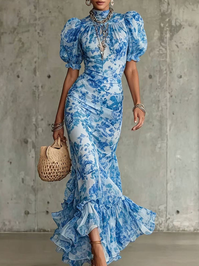 French-style Vintage Chiffon Dress, Summer High-neck Puff Sleeve, Waist-cinching, Slimming, Fishtail, Elegant, Ladylike, Vacation Long Dress