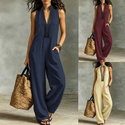 European And American Cross-border Ethnic Style Sleeveless Jumpsuit With Chest Embroidery, Stand-up Collar, Loose Wide-leg Design, And Pockets, Suitable For Vacation