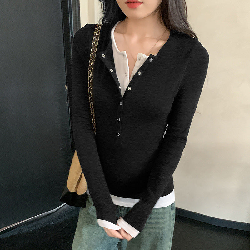 Color-block Faux Two-piece T-shirt Womens Long-sleeve Top