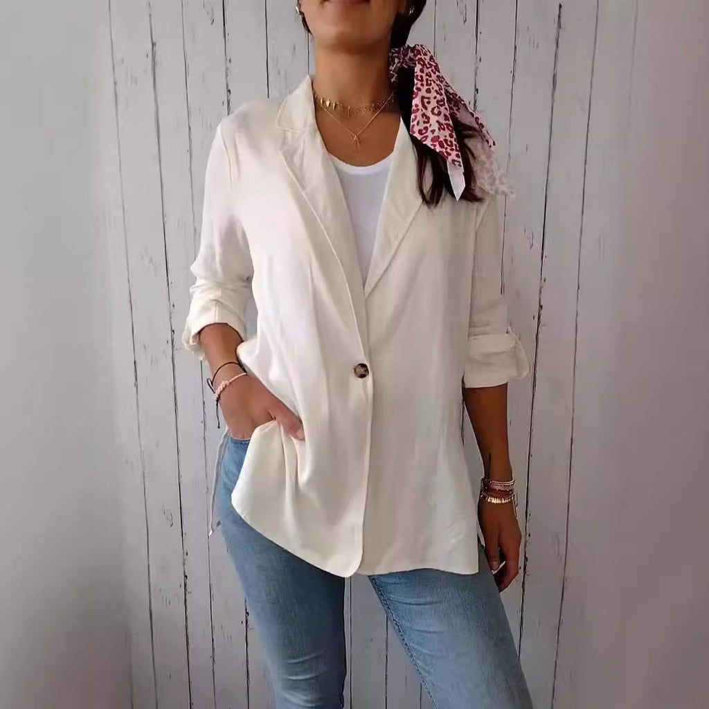 AutumnWinter Womens Cotton-linen Blazer With A Lapel And A Single Button