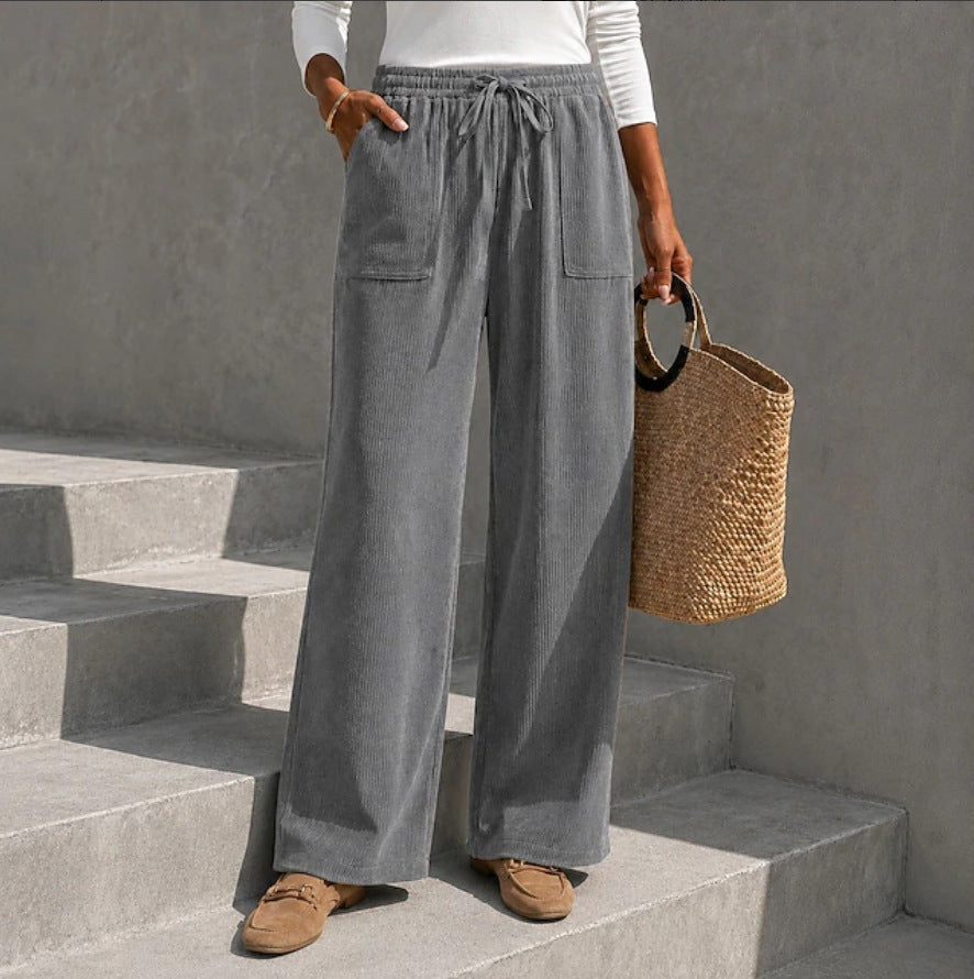 Autumn Winter European And American Cross-Border Women's Corduroy Wide Leg Pants With Elastic Waist And Drawstring, Loose Casual Long Pants